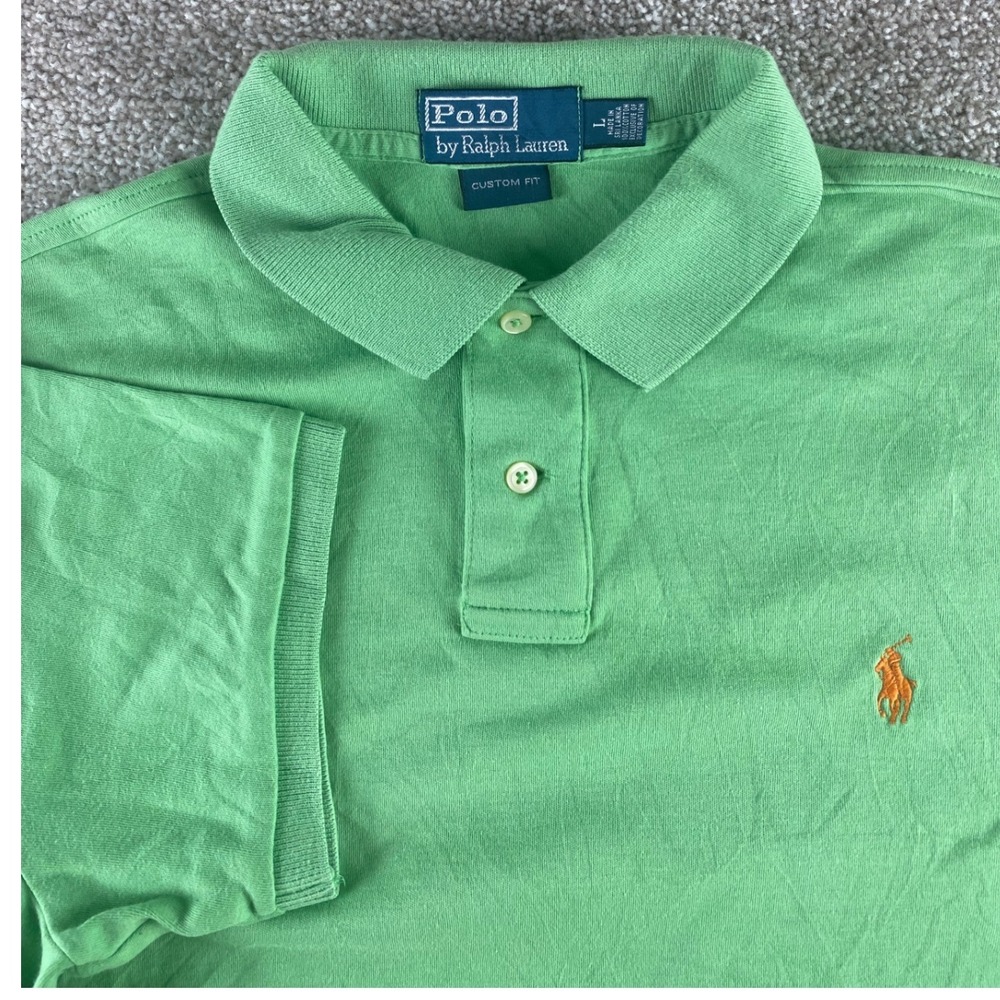 Polo Ralph Lauren Mens L Green Short Sleeve Orange Pony Polo Shirt Cotton Preppy